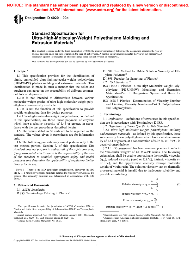 ASTM D4020-00a - Standard Specification for Ultra-High-Molecular-Weight Polyethylene Molding and Extrusion Materials