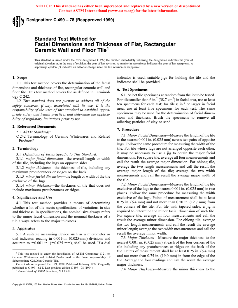 ASTM C499-78(1999) - Standard Test Method for Facial Dimensions and Thickness of Flat, Rectangular Ceramic Wall and Floor Tile