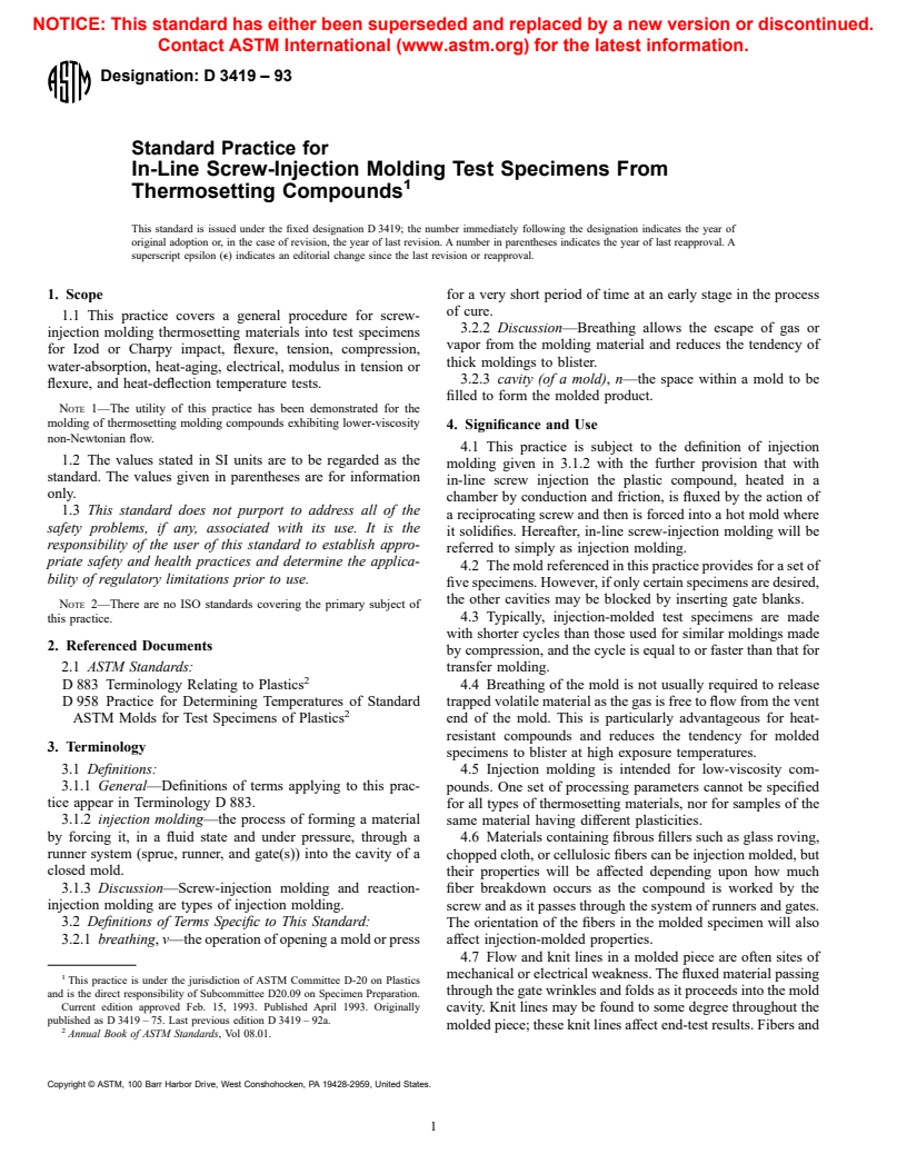 ASTM D3419-93 - Standard Practice for In-Line Screw-Injection Molding Test Specimens From Thermosetting Compounds