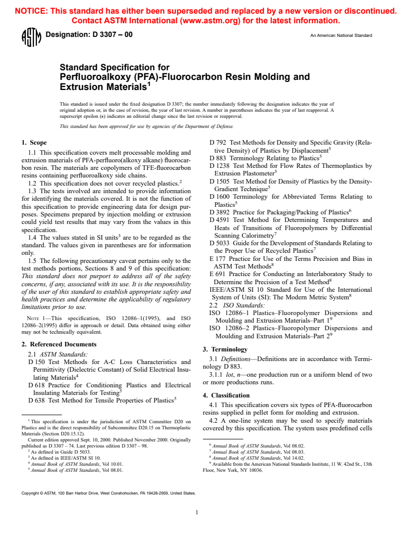 ASTM D3307-00 - Standard Specification for Perfluoroalkoxy (PFA)-Fluorocarbon Resin Molding and Extrusion Materials