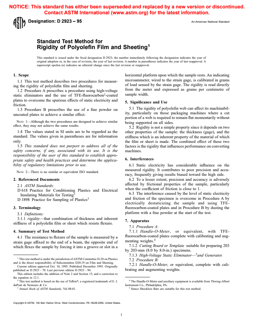 ASTM D2923-95 - Standard Test Method for Rigidity of Polyolefin Film and Sheeting