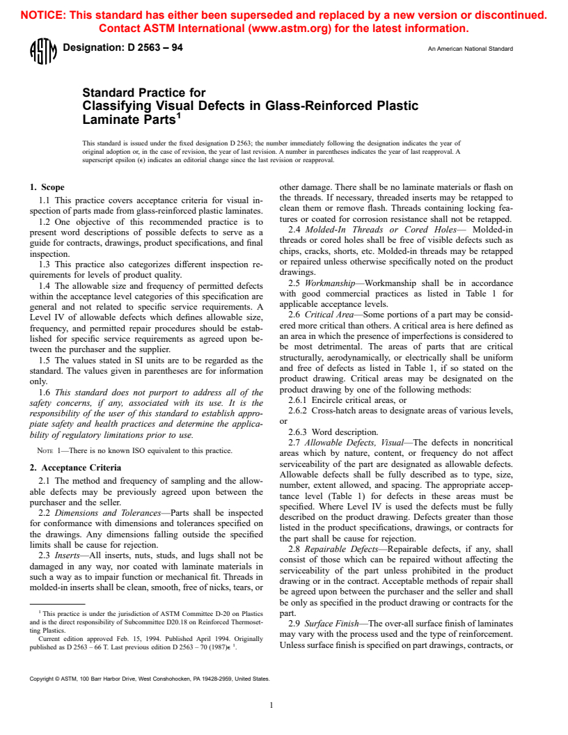 ASTM D2563-94 - Standard Practice for Classifying Visual Defects in Glass-Reinforced Plastic Laminate Parts