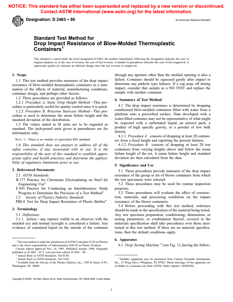 ASTM D2463-95 - Standard Test Method for Drop Impact Resistance of Blow-Molded Thermoplastic Containers