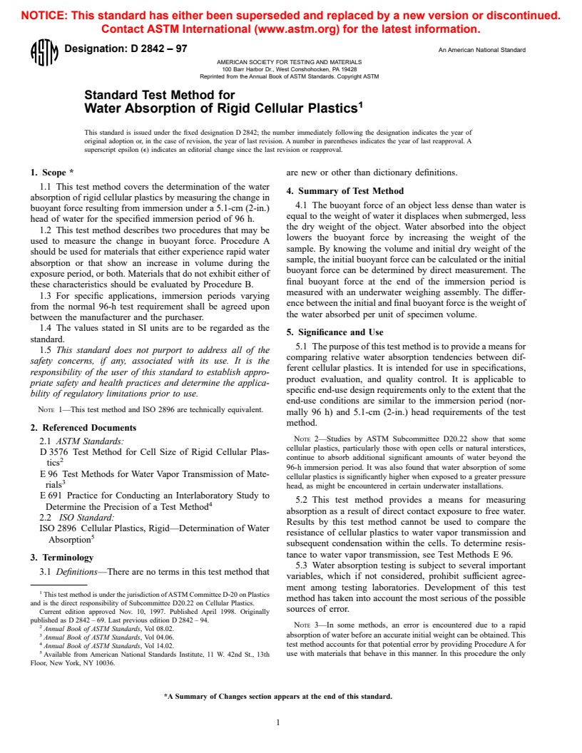 ASTM D2842-97 - Standard Test Method for Water Absorption of Rigid Cellular Plastics