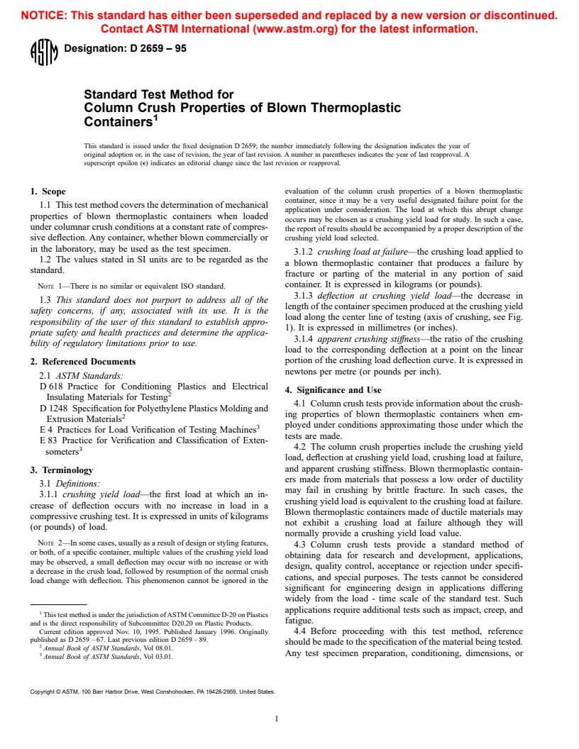 ASTM D2659-95 - Standard Test Method for Column Crush Properties of Blown Thermoplastic Containers