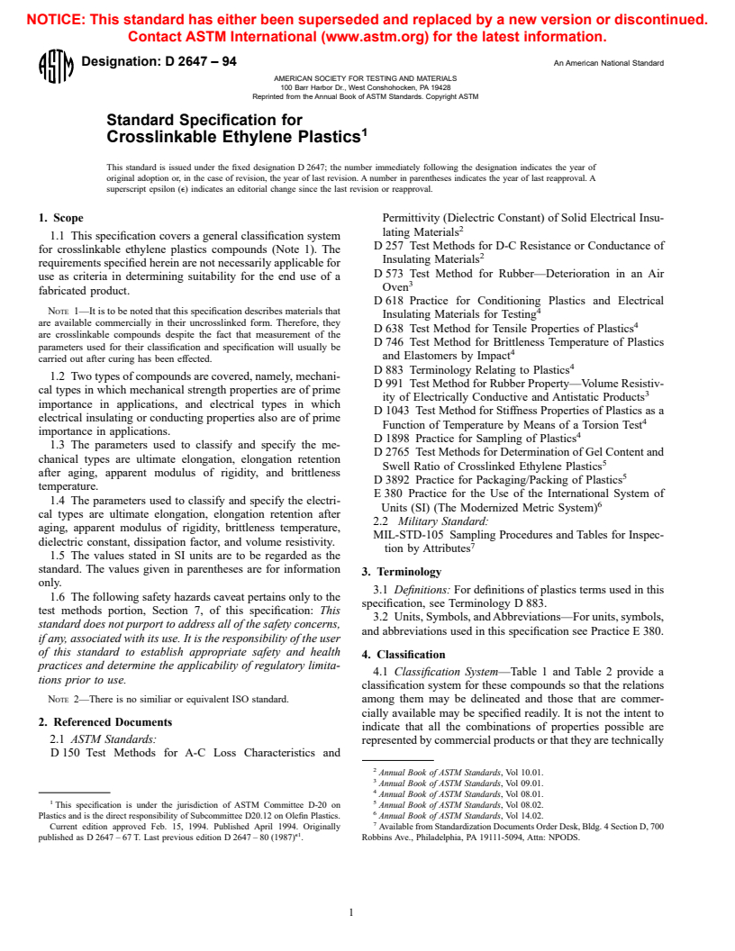 ASTM D2647-94 - Standard Specification for Crosslinkable Ethylene Plastics