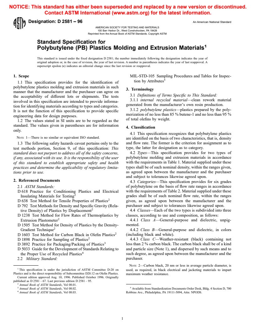 ASTM D2581-96 - Standard Specification for Polybutylene (PB) Plastics Molding and Extrusion Materials