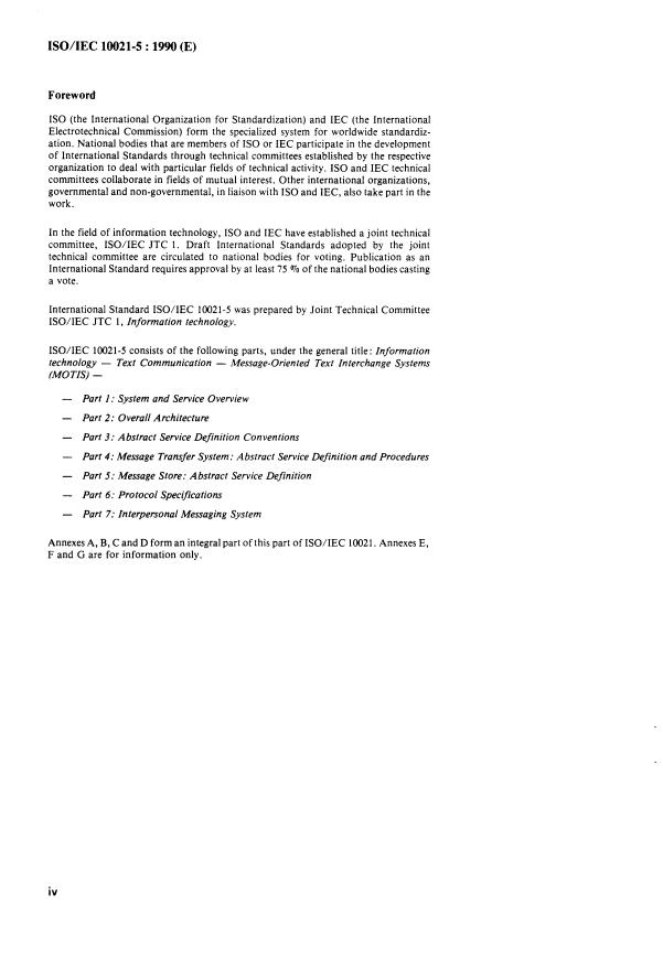 ISO/IEC 10021-5:1990 ISO/IEC 10021-5:1990 - Information technology -- Text Communication -- Message-Oriented Text Interchange Systems (MOTIS) - Page 4 preview