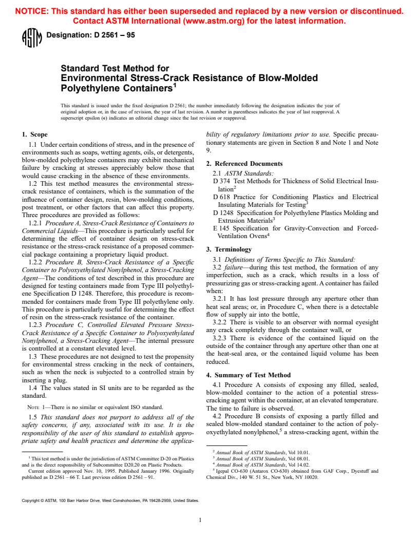 ASTM D2561-95 - Standard Test Method for Environmental Stress-Crack Resistance of Blow-Molded Polyethylene Containers