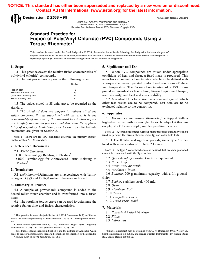 ASTM D2538-95 - Standard Practice for Fusion of Poly(Vinyl Chloride) (PVC) Compounds Using a Torque Rheometer