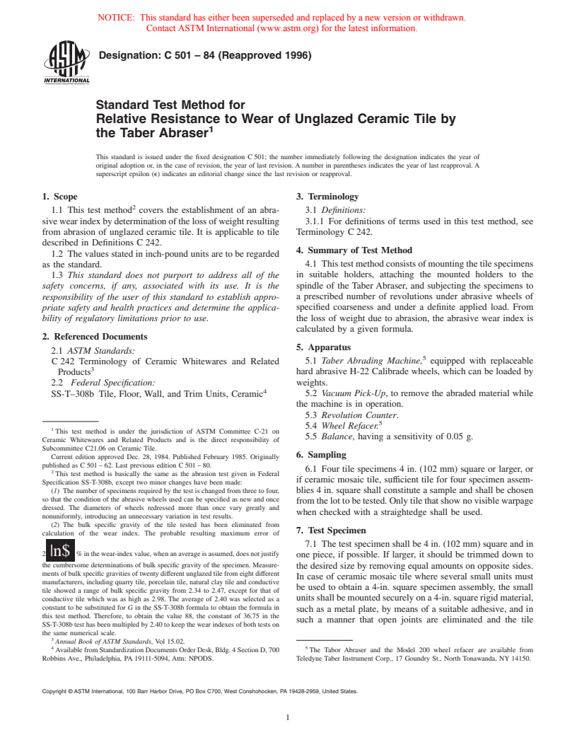 ASTM C501-84(1996) - Standard Test Method for Relative Resistance to Wear of Unglazed Ceramic Tile by the Taber Abraser