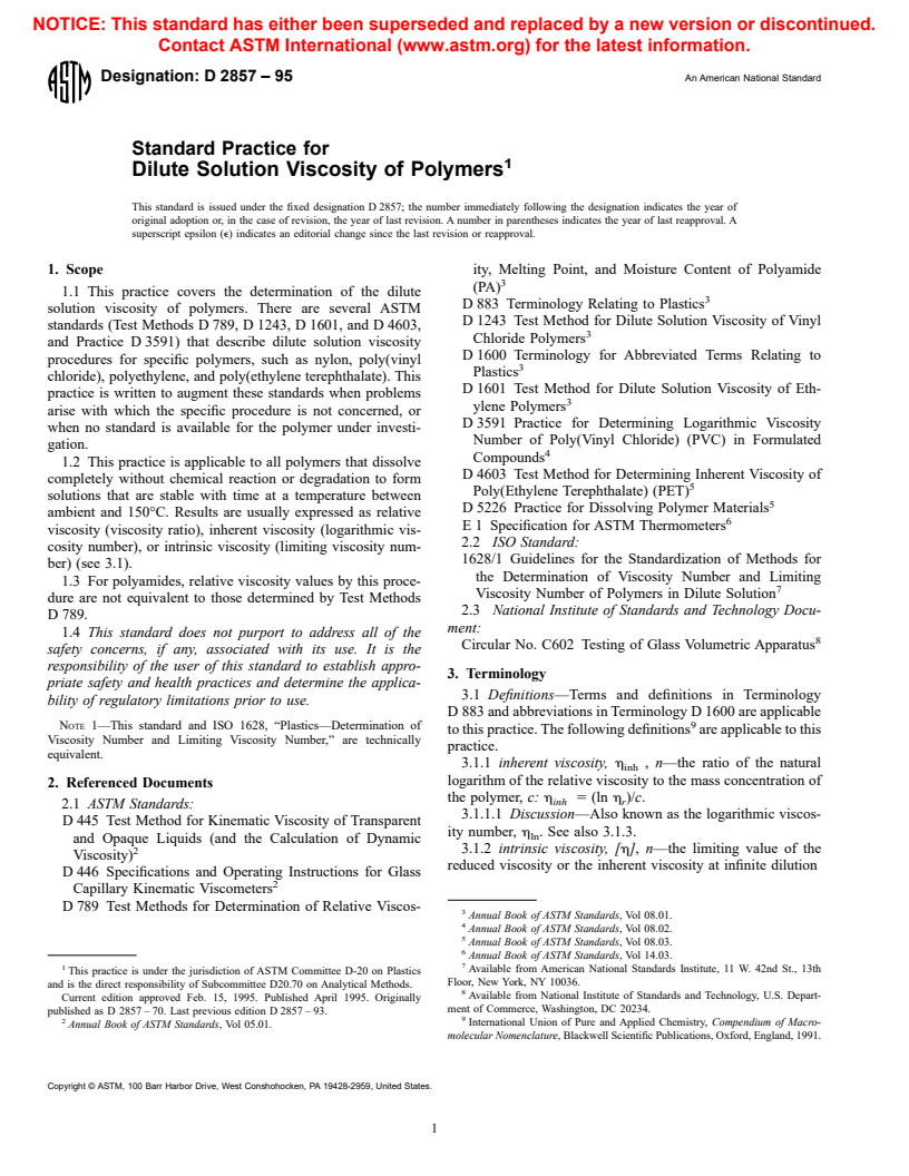 ASTM D2857-95 - Standard Practice for Dilute Solution Viscosity of Polymers