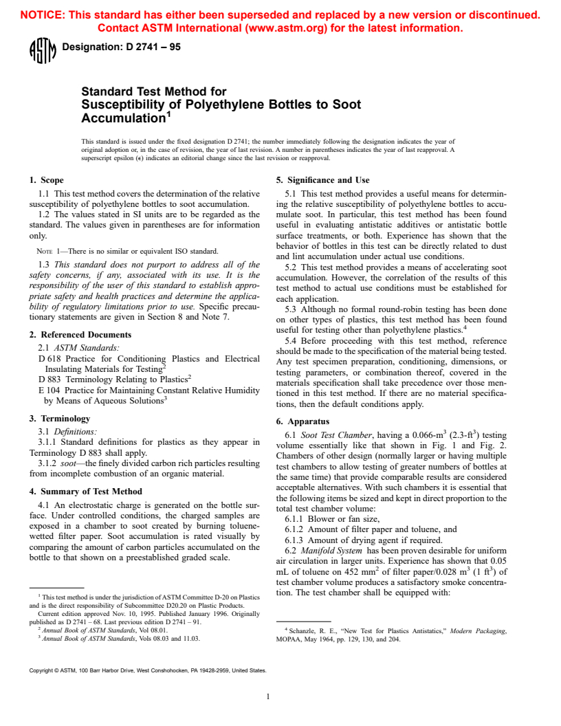 ASTM D2741-95 - Standard Test Method for Susceptibility of Polyethylene Bottles to Soot Accumulation