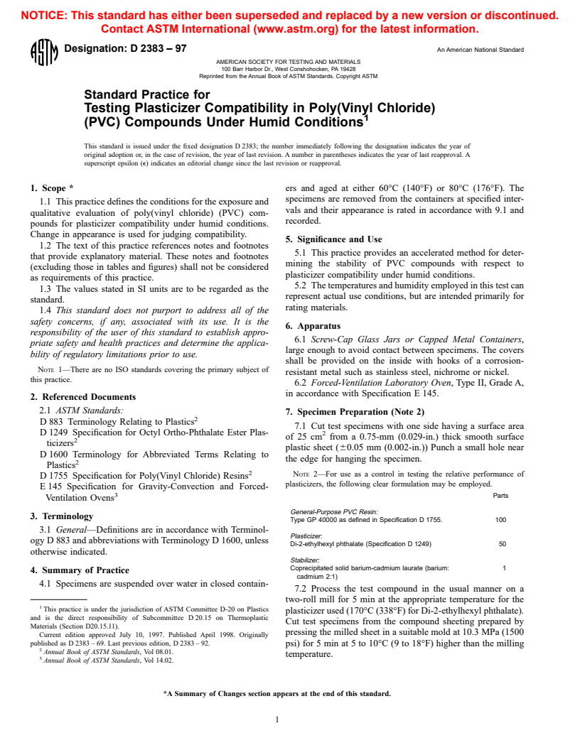 ASTM D2383-97 - Standard Practice for Testing Plasticizer Compatibility in Poly(Vinyl Chloride) (PVC) Compounds Under Humid Conditions