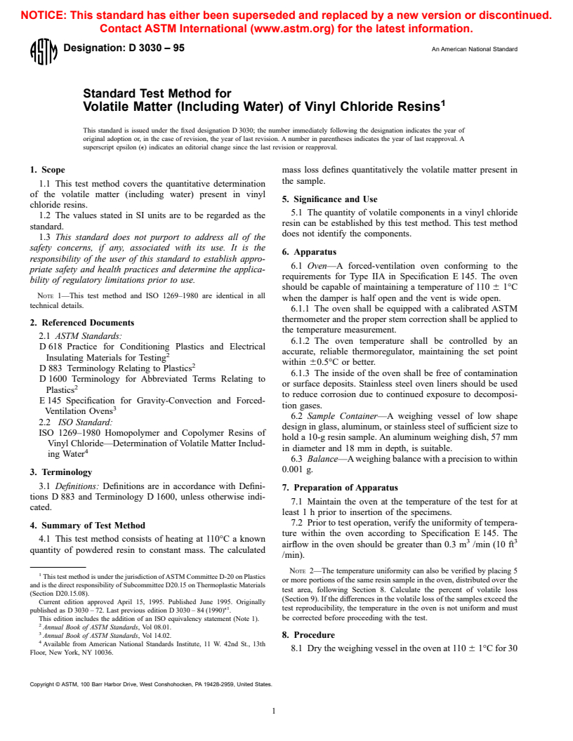 ASTM D3030-95 - Standard Test Method for Volatile Matter (Including Water) of Vinyl Chloride Resins