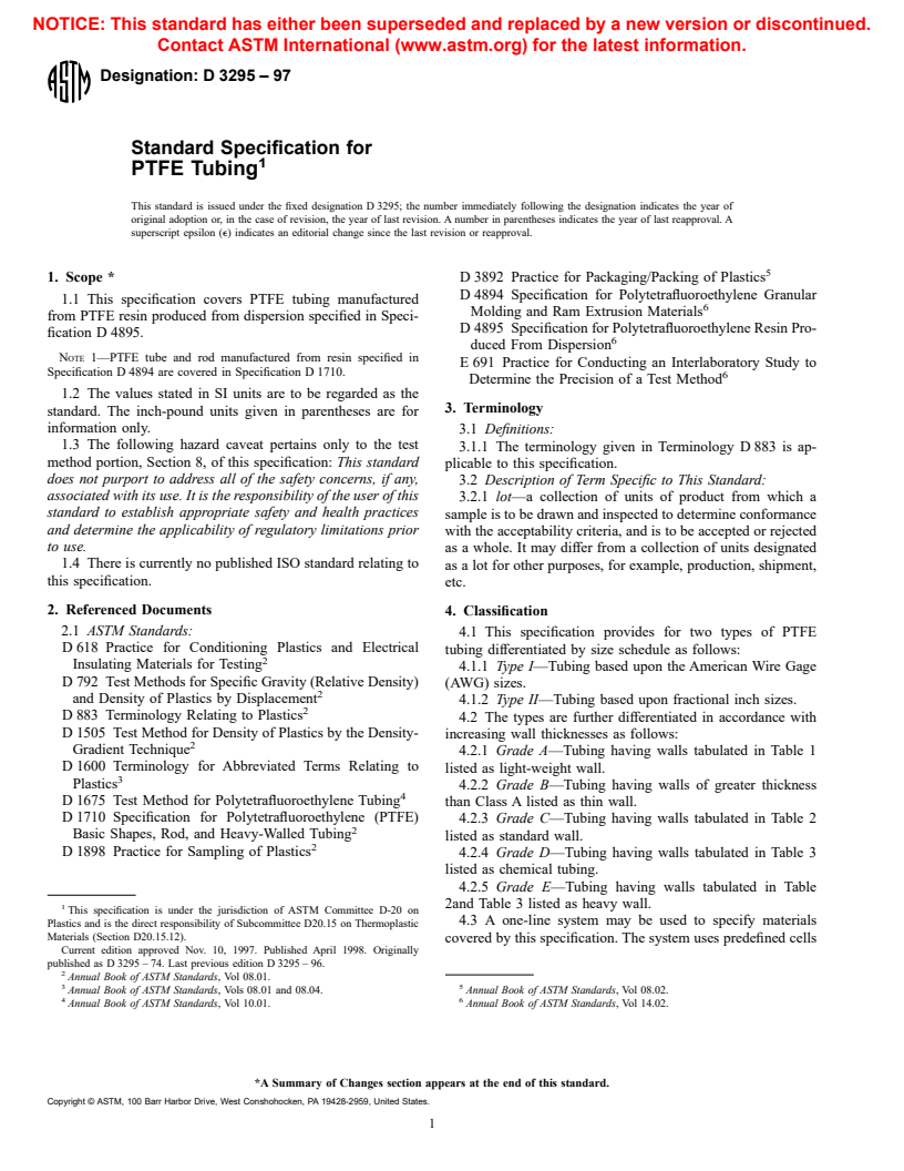 ASTM D3295-97 - Standard Specification for PTFE Tubing, Miniature Beading and Spiral Cut Tubing