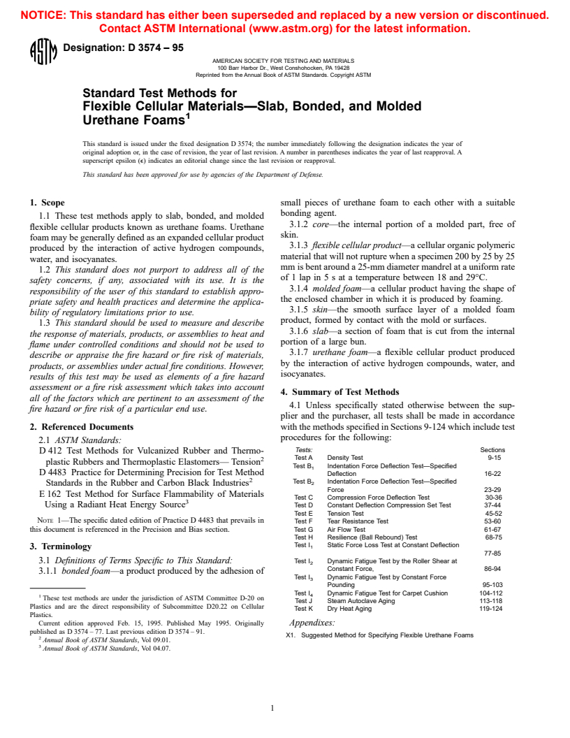 ASTM D3574-95 - Standard Test Methods for Flexible Cellular Materials&#8212;Slab, Bonded, and Molded Urethane Foams