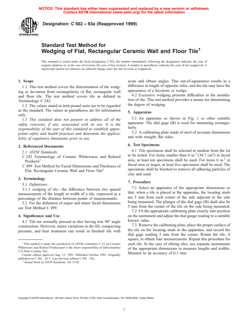 ASTM C502-93a(1999) - Standard Test Method for Wedging of Flat, Rectangular Ceramic Wall and Floor Tile