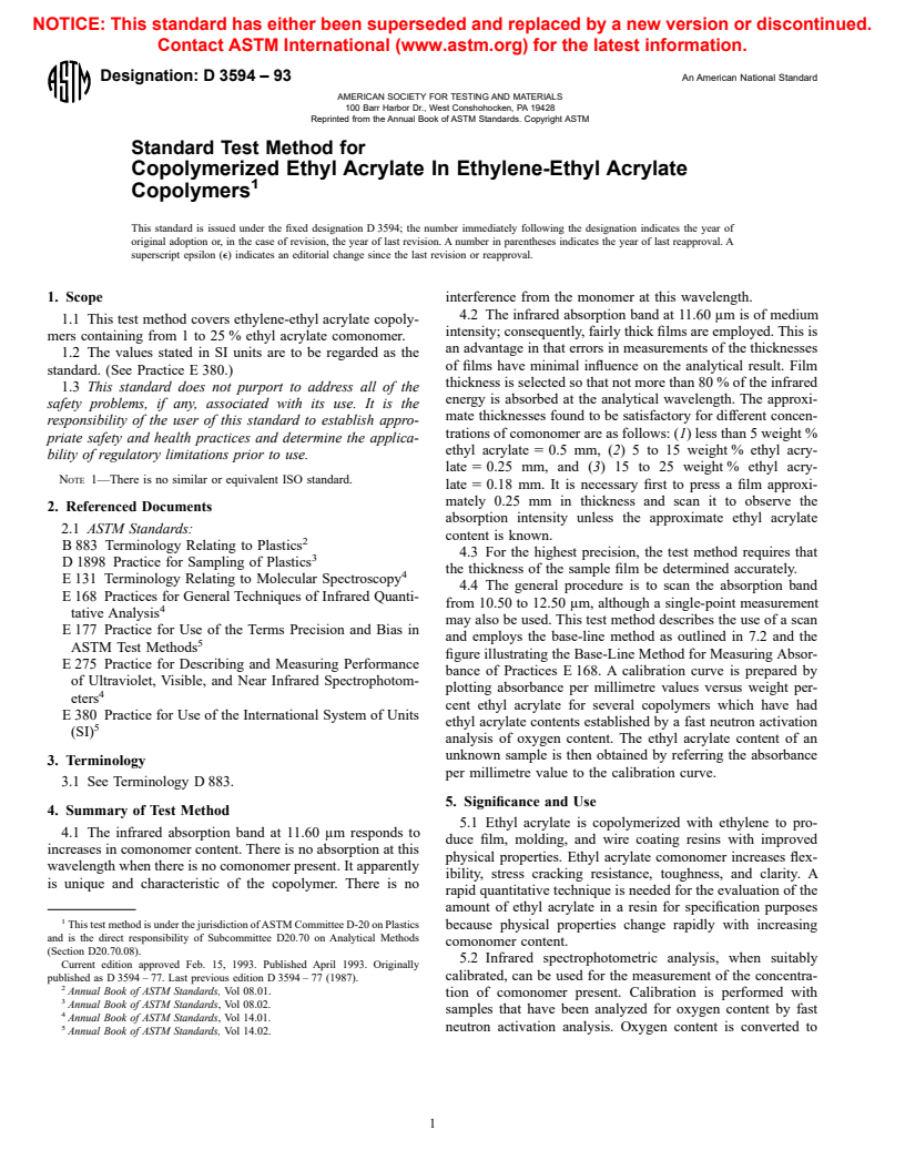 ASTM D3594-93 - Standard Test Method for Copolymerized Ethyl Acrylate In Ethylene-Ethyl Acrylate Copolymers