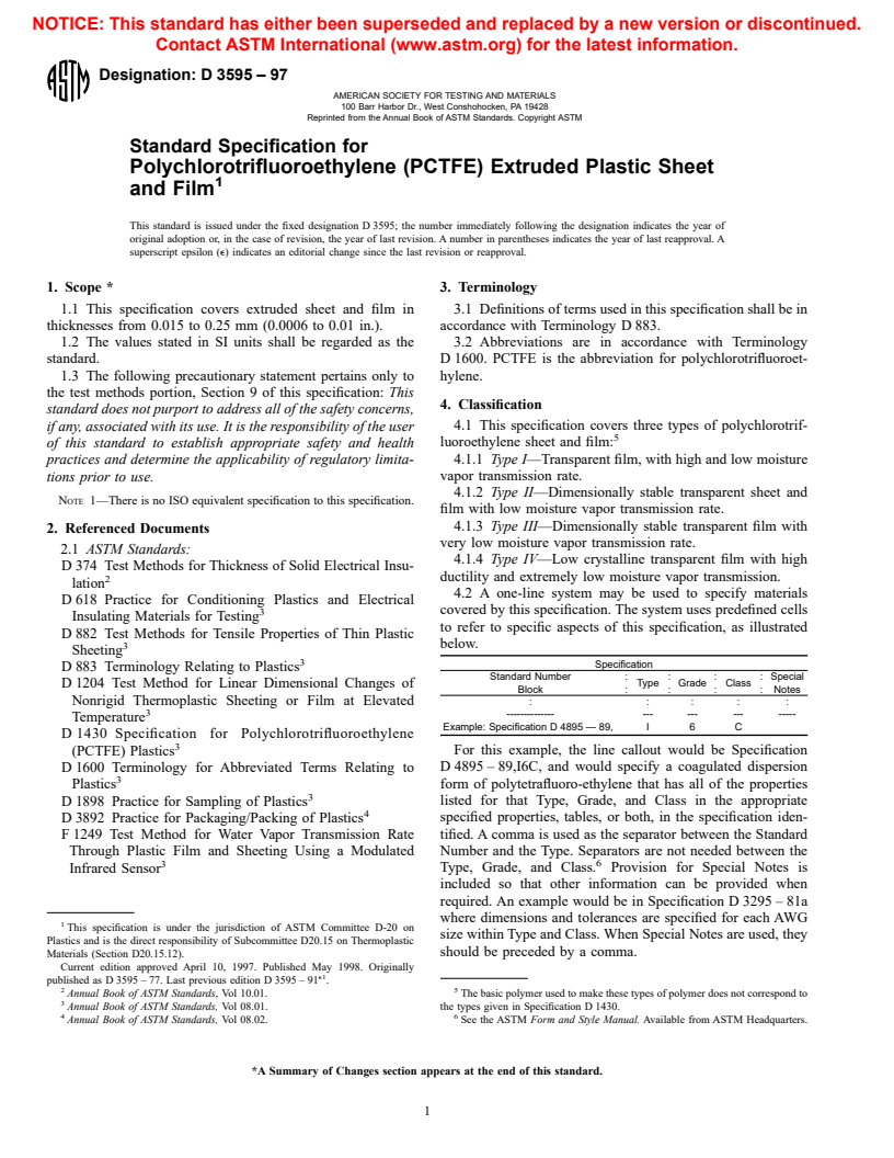 ASTM D3595-97 - Standard Specification for Polychlorotrifluoroethylene (PCTFE) Extruded Plastic Sheet and Film