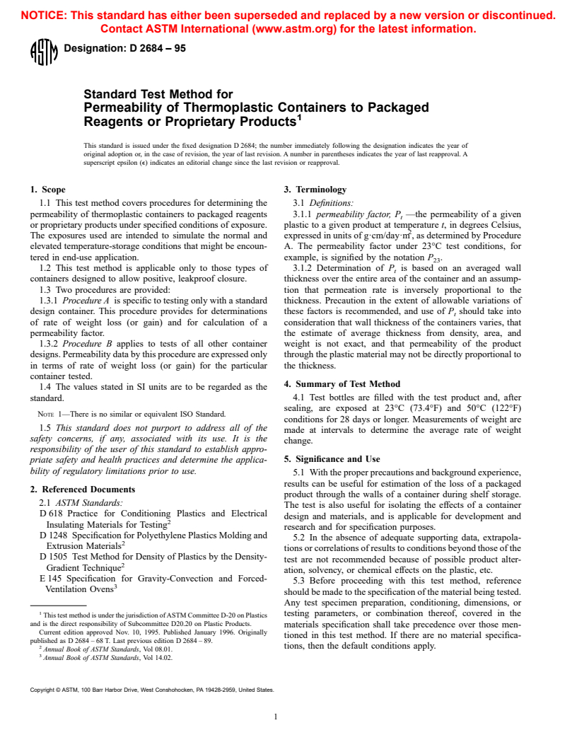 ASTM D2684-95 - Standard Test Method for Permeability of Thermoplastic Containers to Packaged Reagents or Proprietary Products