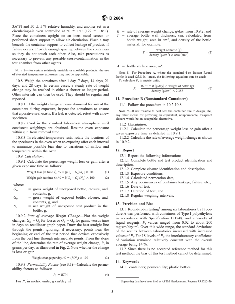 ASTM D2684-95 - Standard Test Method for Permeability of Thermoplastic Containers to Packaged Reagents or Proprietary Products