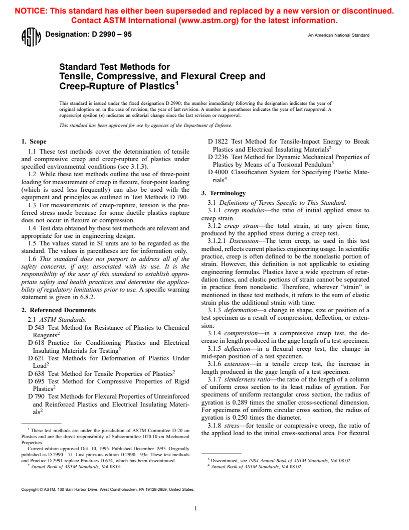 ASTM D2990-95 - Standard Test Methods for Tensile, Compressive, and Flexural Creep and Creep-Rupture of Plastics