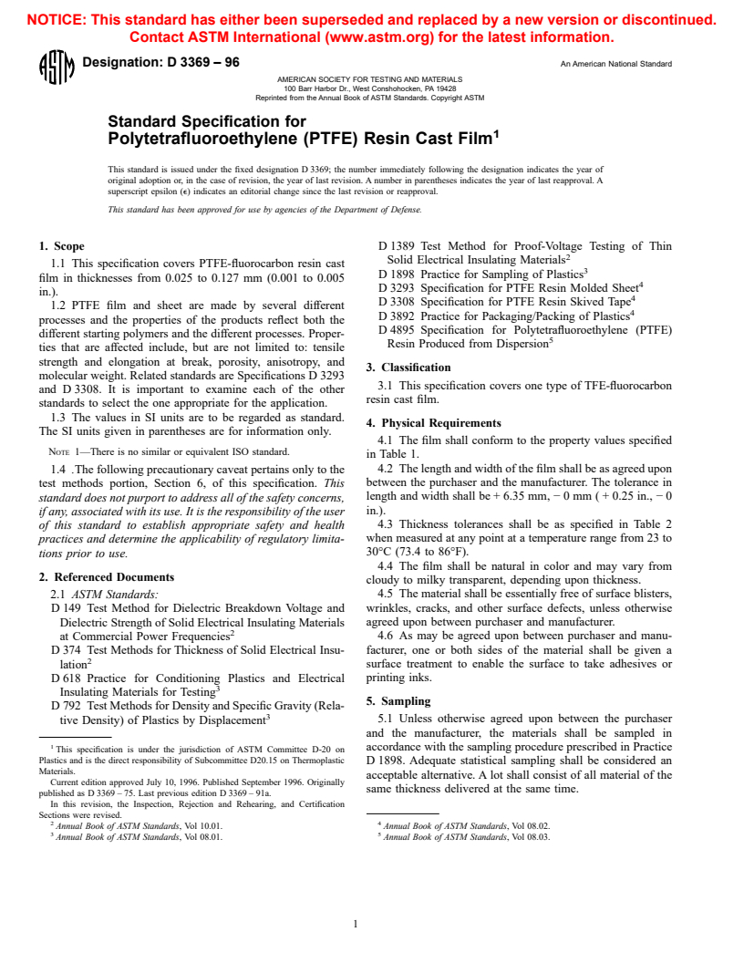 ASTM D3369-96 - Standard Specification for Polytetrafluoroethylene (PTFE) Resin Cast Film