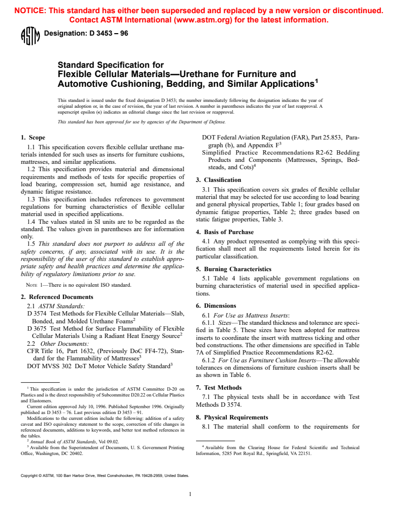 ASTM D3453-96 - Standard Specification for Flexible Cellular Materials-Urethane for Furniture and Automotive Cushioning, Bedding, and Similar Applications