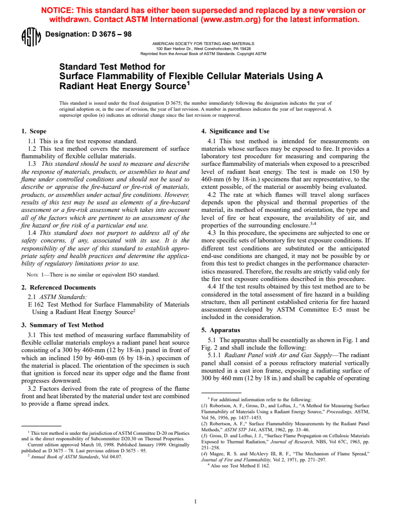 ASTM D3675-98 - Standard Test Method for Surface Flammability of Flexible Cellular Materials Using A Radiant Heat Energy Source