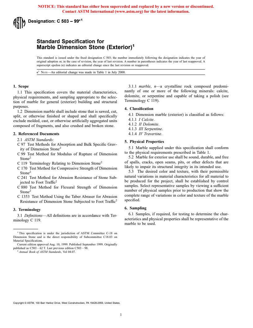 ASTM C503-99e1 - Standard Specification for Marble Dimension Stone (Exterior)