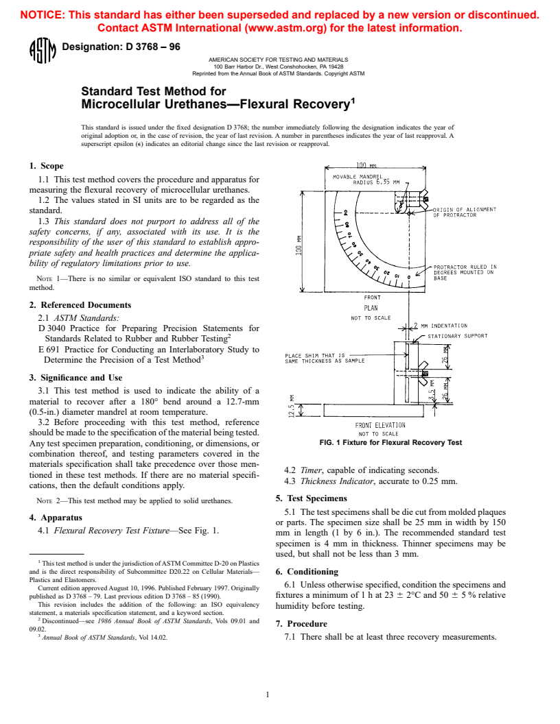 ASTM D3768-96 - Standard Test Method for Microcellular Urethanes--Flexural Recovery