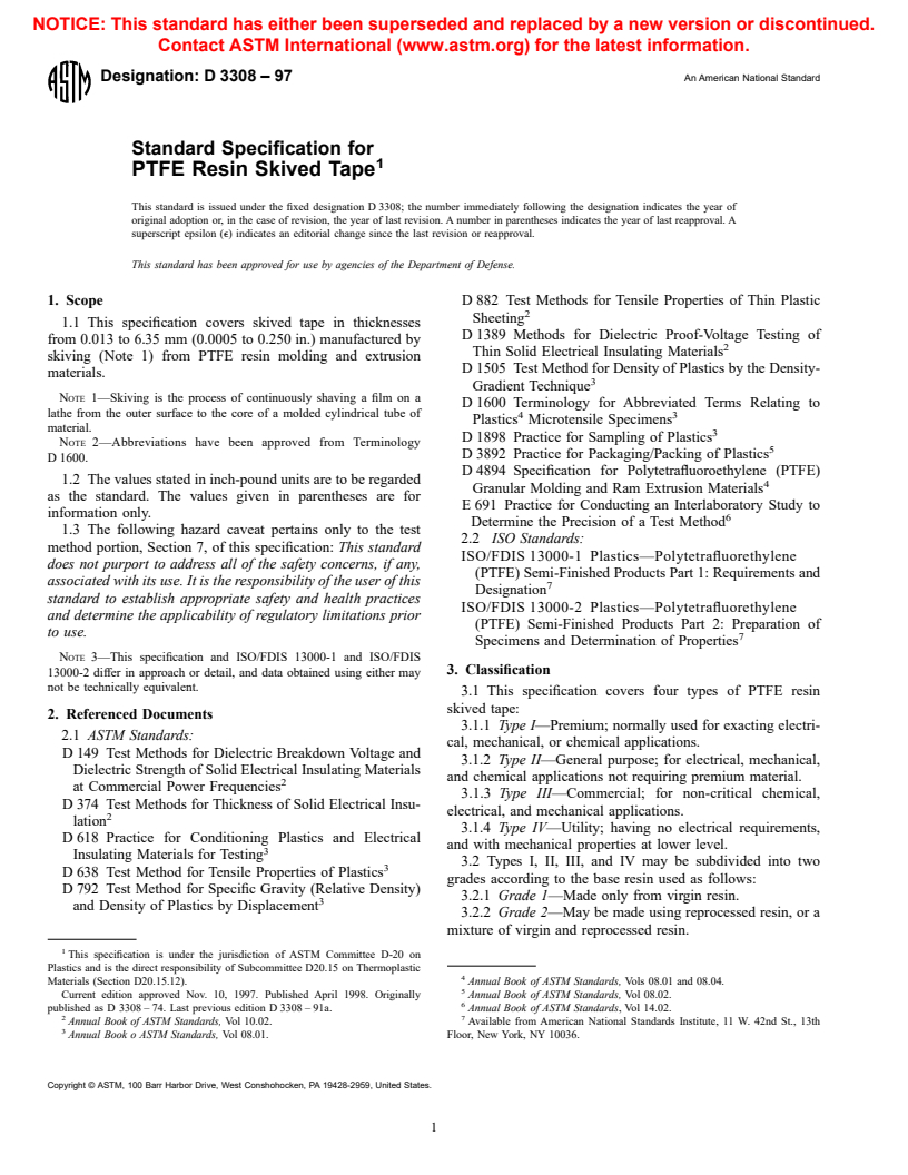 ASTM D3308-97 - Standard Specification for PTFE Resin Skived Tape