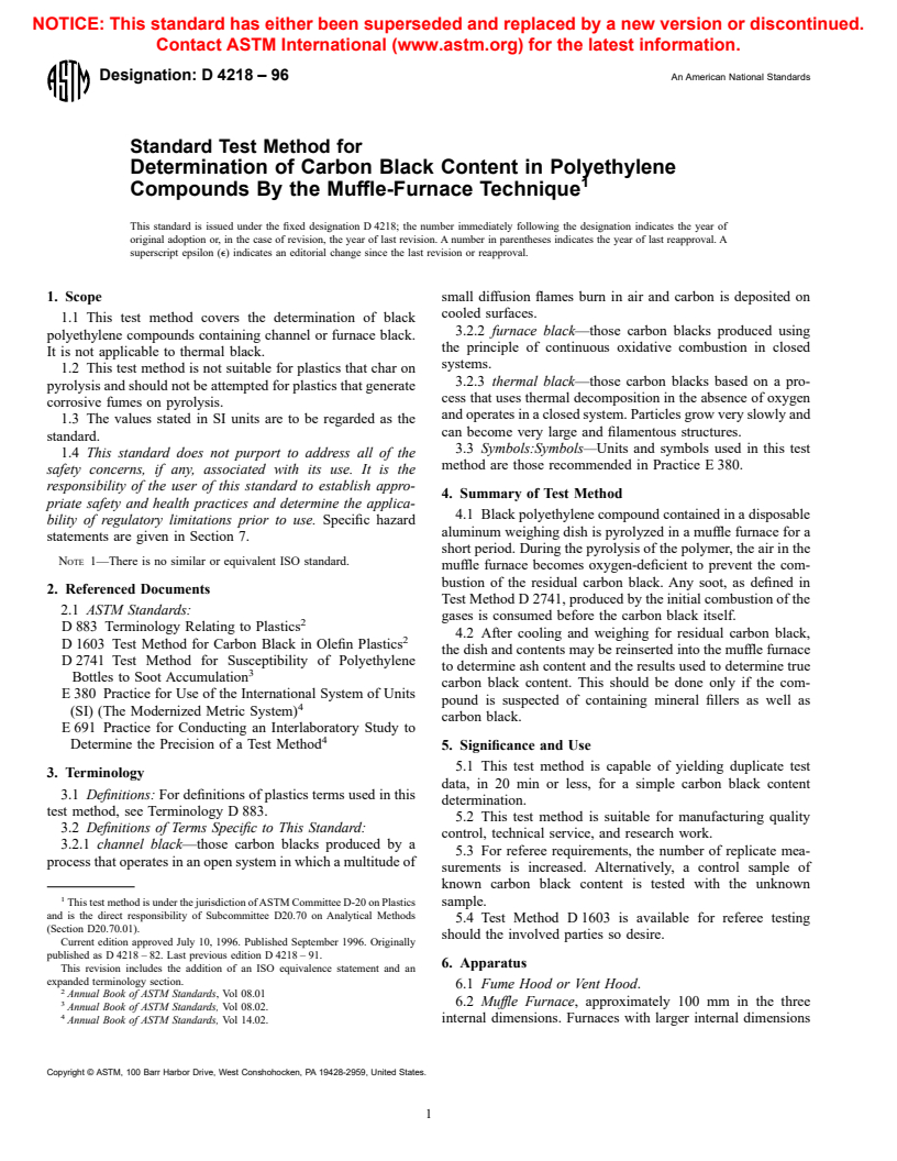 ASTM D4218-96 - Standard Test Method for Determination of Carbon Black Content in Polyethylene Compounds By the Muffle-Furnace Technique