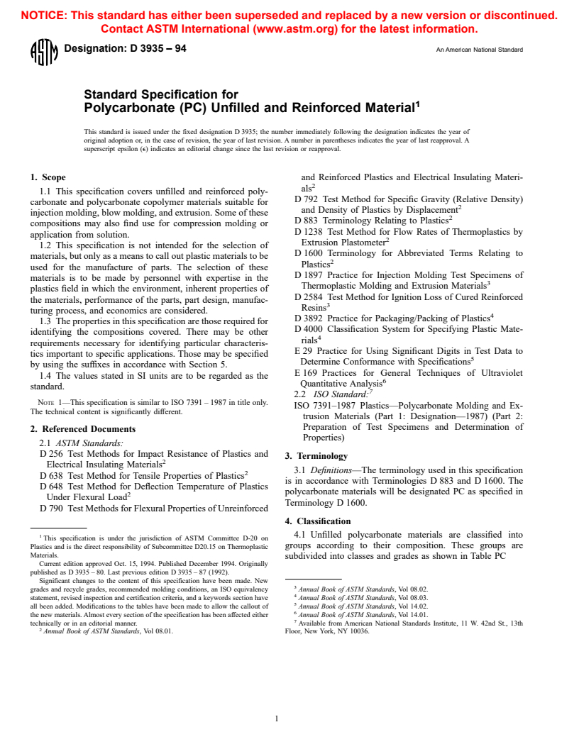 ASTM D3935-94 - Standard Specification for Polycarbonate (PC) Unfilled and Reinforced Material