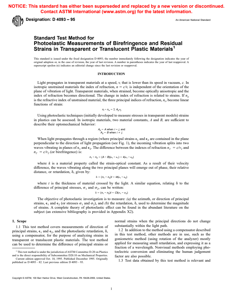 ASTM D4093-95 - Standard Test Method for Photoelastic Measurements of Birefringence and Residual Strains in Transparent or Translucent Plastic Materials