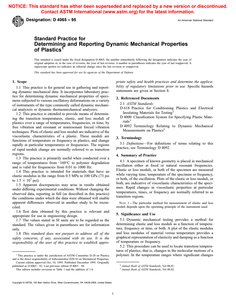 ASTM D4065-95 - Standard Practice for Plastics: Dynamic Mechanical Properties: Determination and Report of Procedures