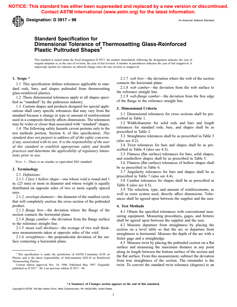 ASTM D3917-96 - Standard Specification for Dimensional Tolerance of Thermosetting Glass-Reinforced Plastic Pultruded Shapes