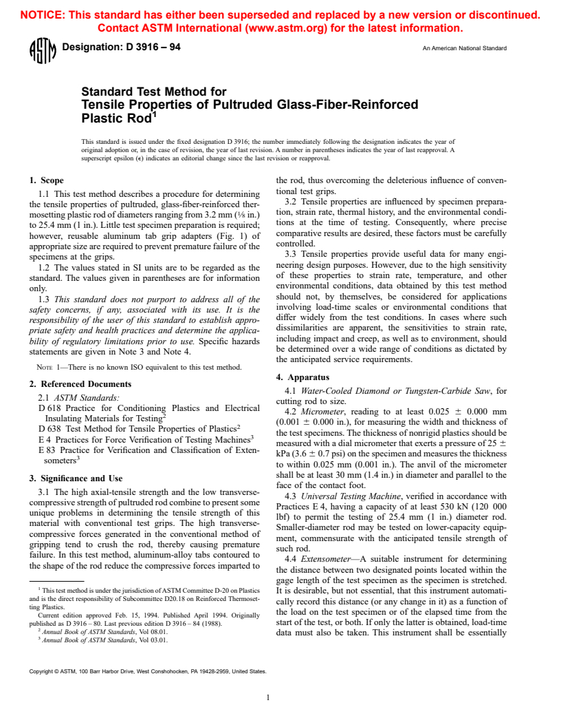 ASTM D3916-94 - Standard Test Method for Tensile Properties of Pultruded Glass-Fiber-Reinforced Plastic Rod