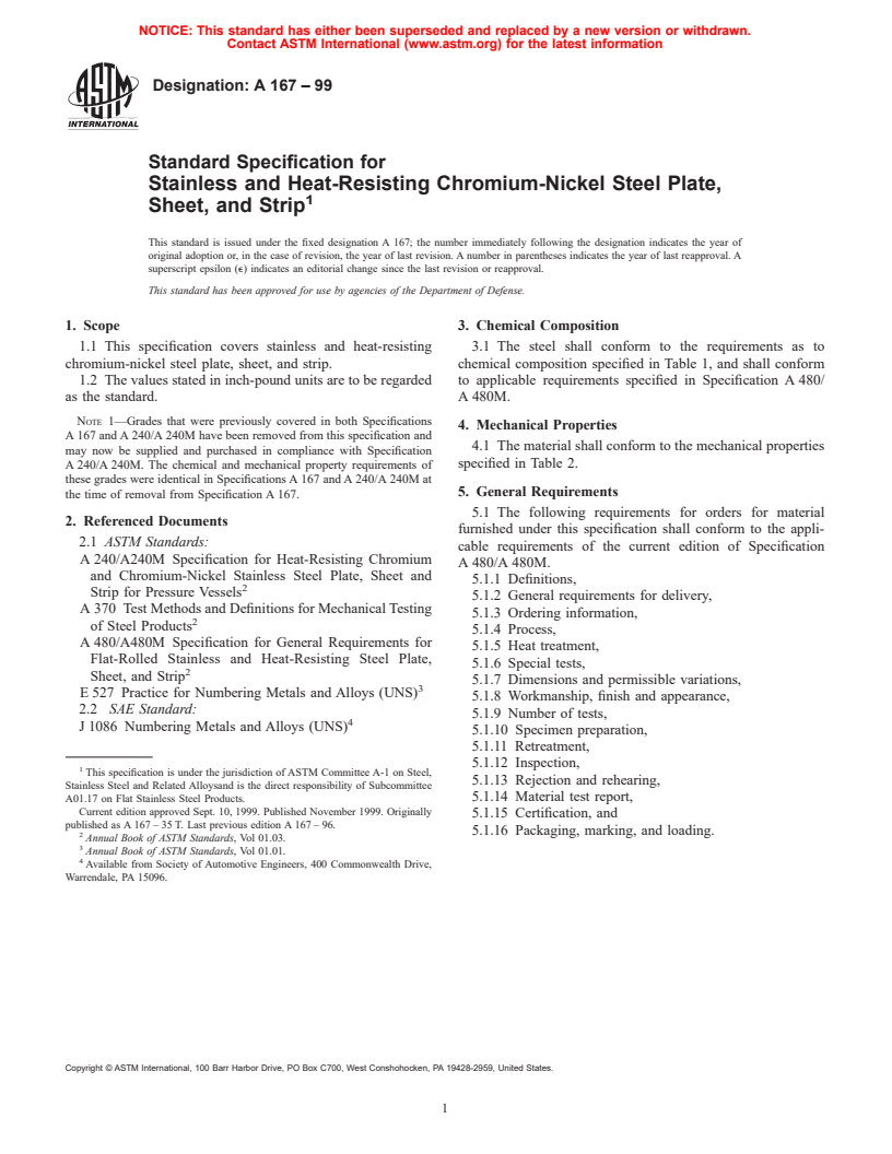 ASTM A167-99 - Standard Specification for Stainless and Heat-Resisting Chromium-Nickel Steel Plate, Sheet, and Strip