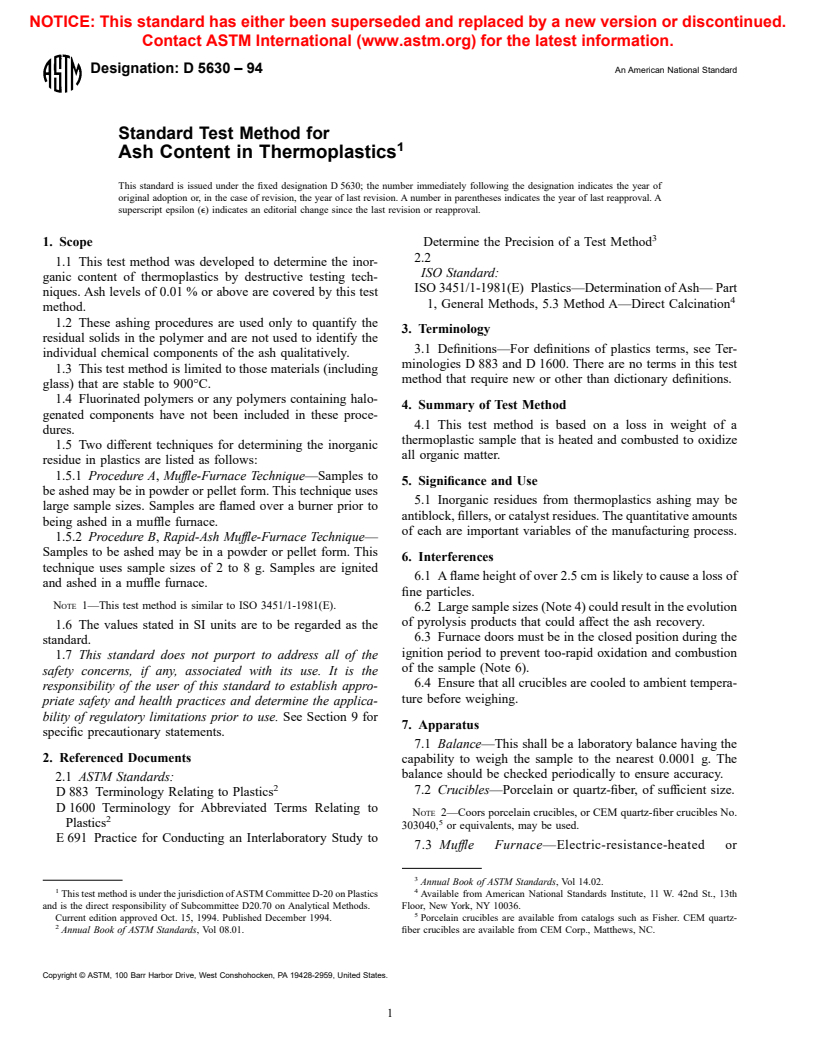 ASTM D5630-94 - Standard Test Method for Ash Content in Thermoplastics