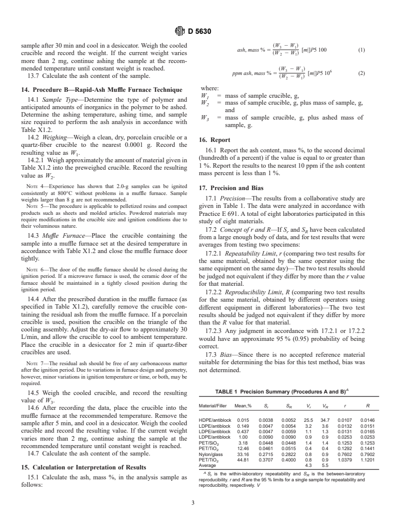 ASTM D5630-94 - Standard Test Method for Ash Content in Thermoplastics