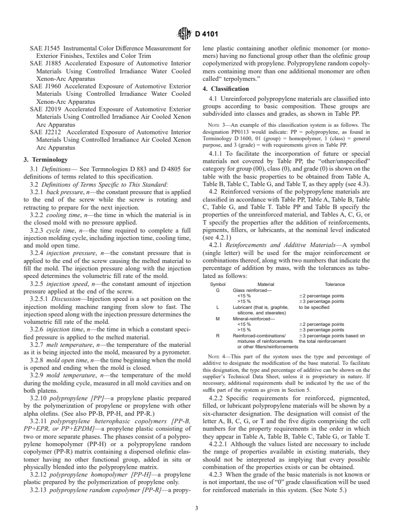 ASTM D4101-01 - Standard Specification for Polypropylene Injection and Extrusion Materials