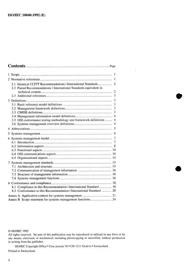 ISO/IEC 10040:1992 ISO/IEC 10040:1992 - Information technology -- Open Systems Interconnection -- Systems management overview - Page 2 preview