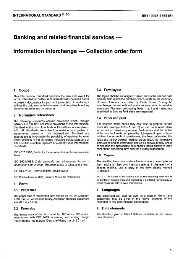 ISO 10043:1994 - Banking and related financial services -- Information interchange -- Collection order form