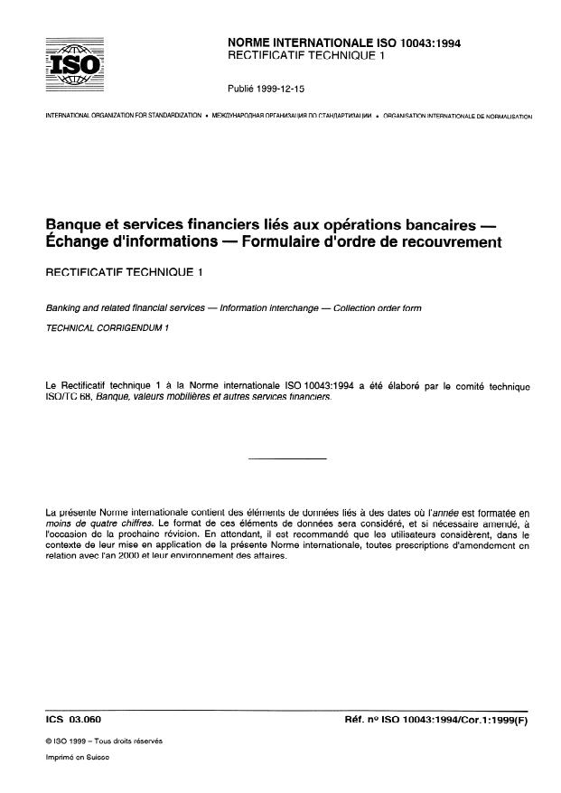 ISO 10043:1994 - Banque et services financiers liés aux opérations bancaires -- Échange d'informations -- Formulaire d'ordre de recouvrement