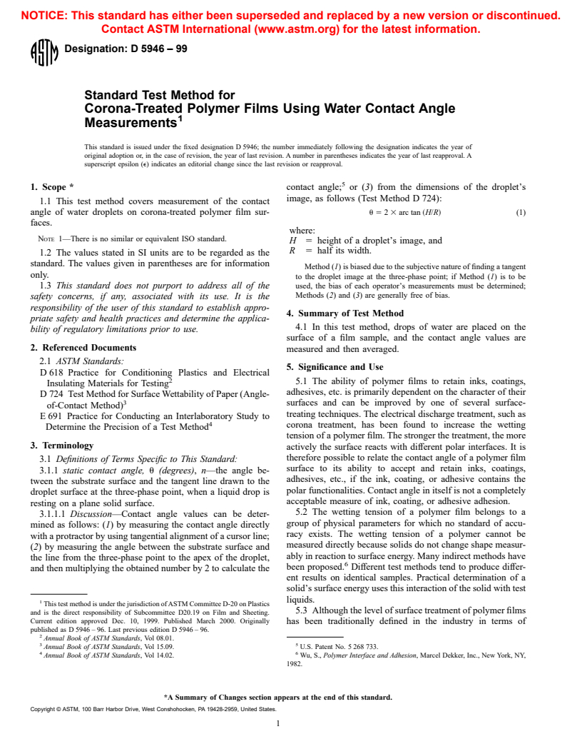 ASTM D5946-99 - Standard Test Method for Corona-Treated Polymer Films Using Water Contact Angle Measurements