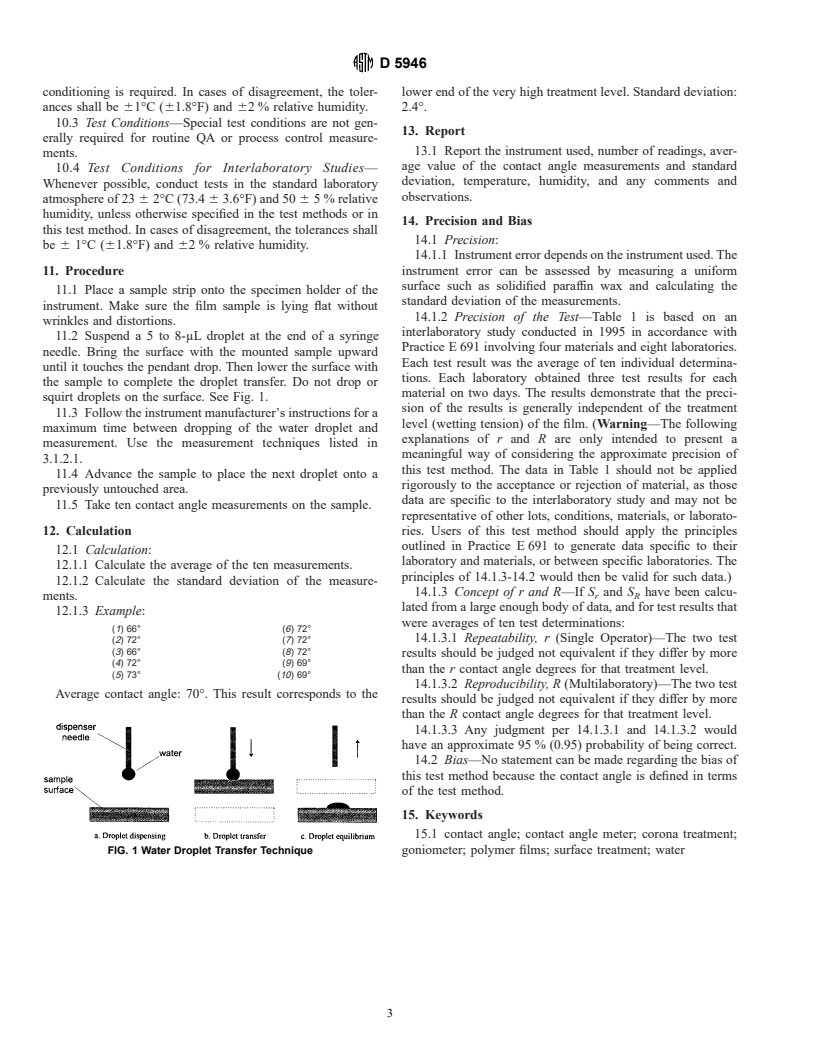 ASTM D5946-99 - Standard Test Method for Corona-Treated Polymer Films Using Water Contact Angle Measurements