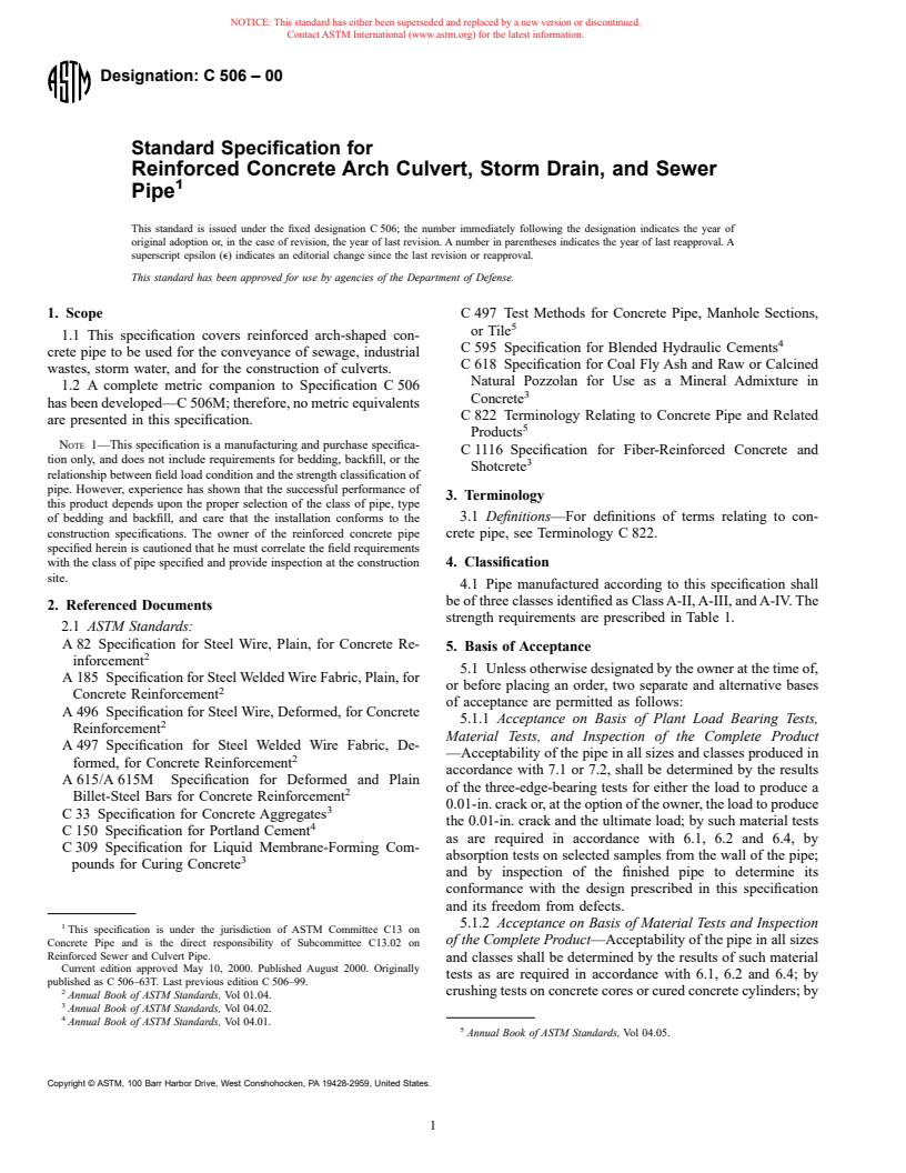 ASTM C506-00 - Standard Specification for Reinforced Concrete Arch Culvert, Storm Drain, and Sewer Pipe