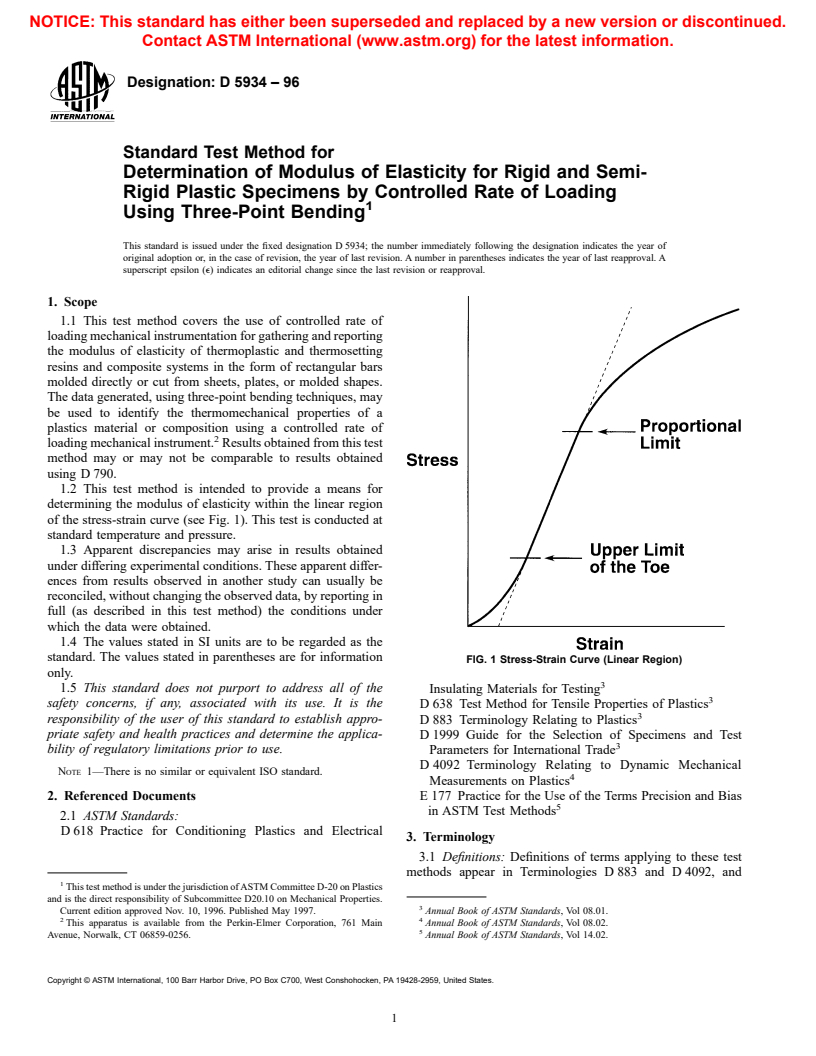 ASTM D5934-96 - Standard Test Method for Determination of Modulus of Elasticity for Rigid and Semi-Rigid Plastic Specimens by Controlled Rate of Loading Using Three-Point Bending